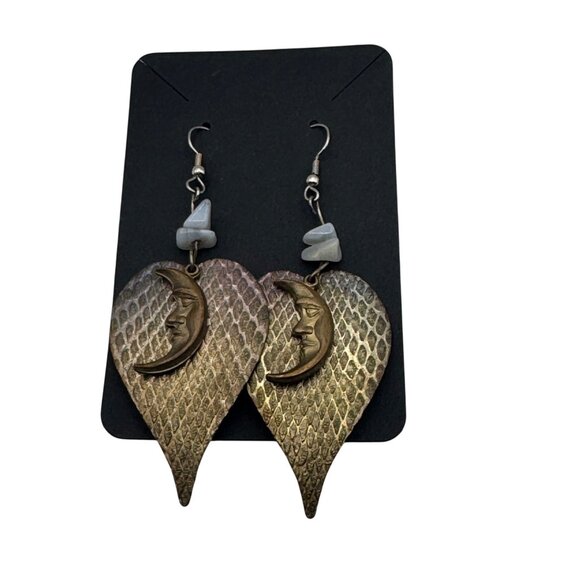 Bronze Crescent Moon & Textured Leaf Earrings With Gray Stone Accents - Picture 1 of 3